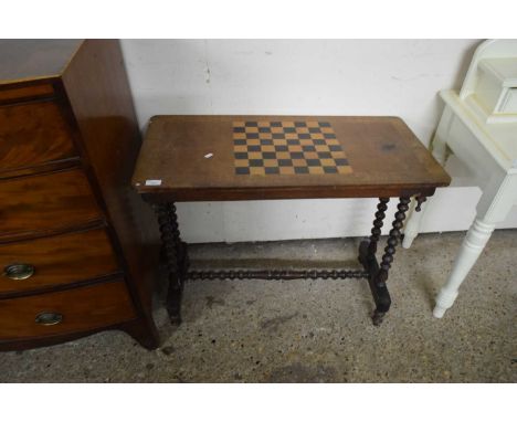 VICTORIAN GAMES TABLE OF RECTANGULAR FORM RAISED ON A BOBBIN TURNED FRAME, 86CM WIDE