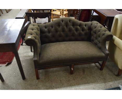SMALL 20TH CENTURY FABRIC UPHOLSTERED CAMEL BACK SOFA, 140CM WIDE