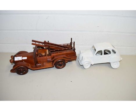 POTTERY TABLE LAMP FORMED AS A CITROEN 2CV TOGETHER WITH A FURTHER VINTAGE WOODEN TRUCK