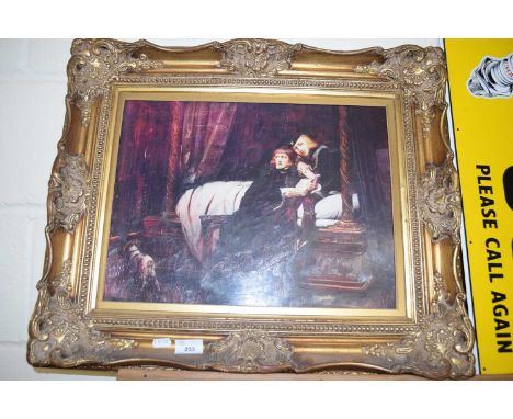 20TH CENTURY OLEOGRAPH PRINT OF TWO FIGURES IN AN INTERIOR SCENE SET IN A HEAVY GILT FRAME