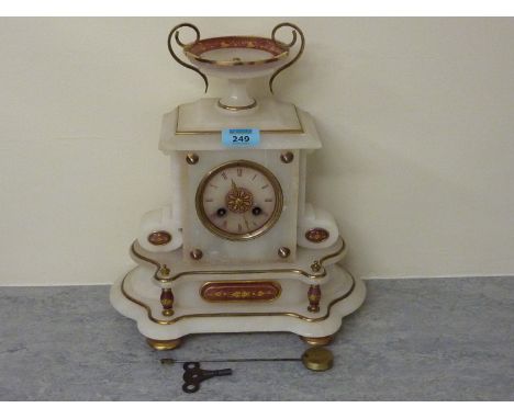 Late 19th century French alabaster mantle clock, gilt metal applique with Japy & Cie count wheel movement 34cm