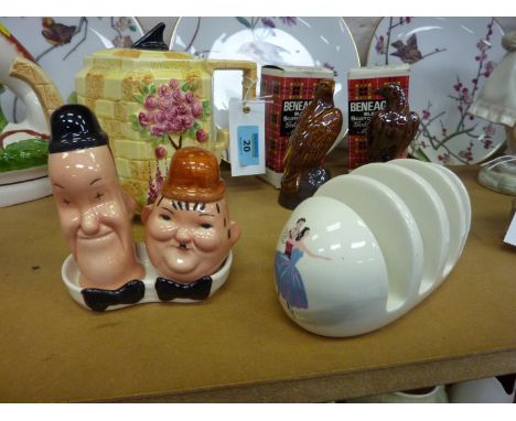 1930s Beswick 'Sundial' teapot, Beswick Laurel and Hardy cruet, Beswick 'Pavlova' toast rack and two Beswick 'Beneagles' Scot