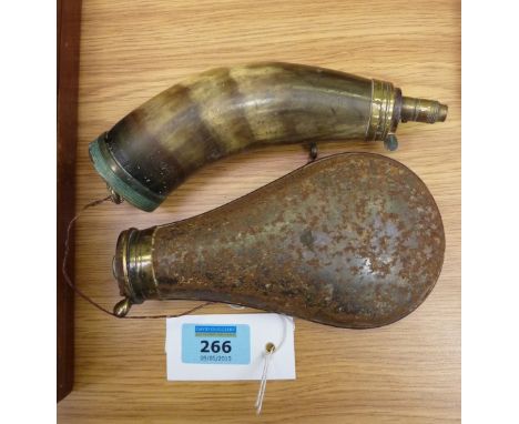 19th century steel shot flask and a horn powder flask