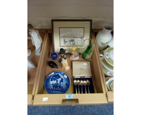 Five hallmarked silver spoons,coloured glassware, German figures, Sylvac rabbit, Copenhagen plate and a Frank Meadow Sutcliff