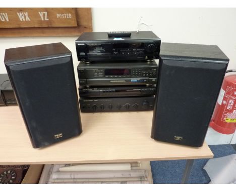 Harman/Kardon amp and tuner, Technics CD player and Kenwood cassette player with speakers 