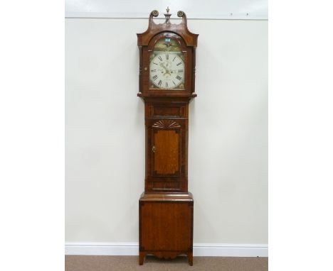 Early 19th century oak and mahogany banded eight day longcase clock, painted enamel dial with second had and date aperture si