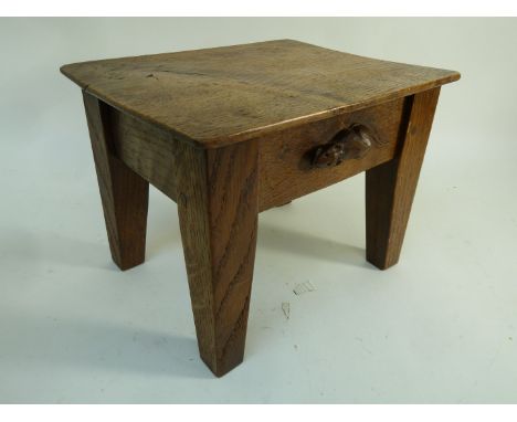 Early 20th century small Yorkshire adzed oak stool by 'Mouseman' craftsman, 25cm x 20cm, H19cm