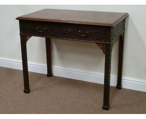 18th century Chippendale mahogany writing table, single frieze oak lined drawer with writing slide, all over blind fret decor