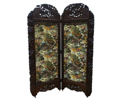 19th century Eastern carved walnut folding screen with two panel set with hunting scenes, H200cm, W150cm (overall) 