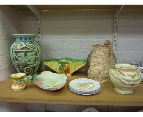 Burleighware 'Old Feeding Time' jug, 'Mythical Creatures' vase, 'Sunrise' basket, four 'English Customs' tea plates and one a