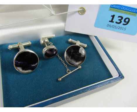 Pair of Blue John set silver cuff-links and tie pin hallmarked