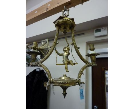 Pair of two branch light fittings modelled as cherubs on swings H43cm