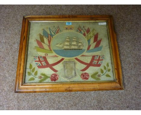 Victorian maritime woolwork panel depicting a ship in full sail and British flags in bird's eye maple frame 53cm x 65.5cm