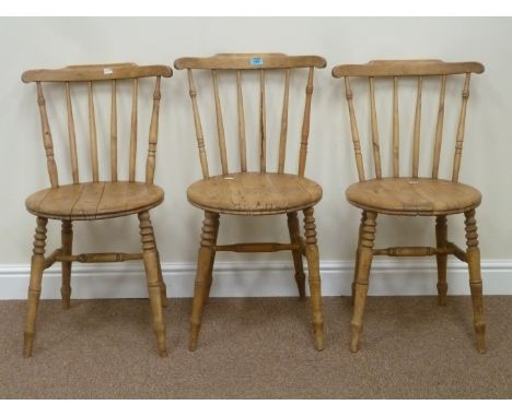 Three Victorian beech stick back chairs