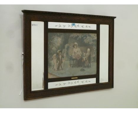 Edwardian oak framed over mantel with inset colour print and cut and bevelled mirrors 115cm x 15cm