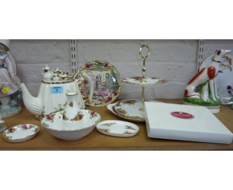 Royal Albert 'Old Country Roses' novelty teapot, cake plate, cake stand and six other pieces