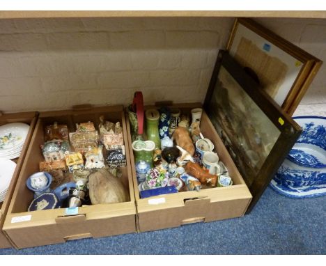 Cottage ornaments, Jasperware and other decorative ceramics, two papyrus pictures and one other print in two boxes 