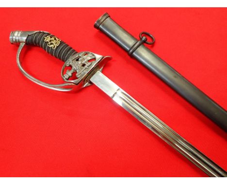 WW1 1889 pattern German infantry officer’s sword and scabbard by P.O &amp;amp; Co. Triple wire grip with grey shagreen leathe