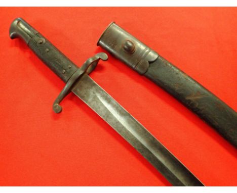 1856 pattern British Yataghan bayonet and scabbard made under German Kirschbaum contract. Features solid leather hatched grip