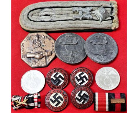 WW2 German Nazi party, coin &amp;amp; tinnie lot (12). Includes Nazi Party badge, with maker marks/pins (4), Saar &amp;amp; M