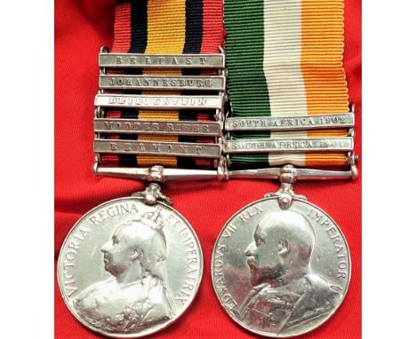 British Army Boer War medal pair to Private Blackwell, Coldstream Guards. Queen's South Africa Medal 1899-1902, 5 bars, BELFA