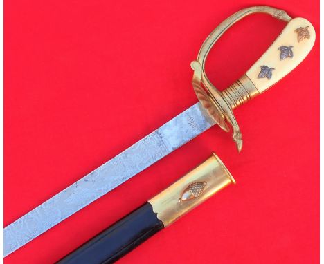 C.1920 German hunting ‘etched’ sword and scabbard ‘Hirshfanger’ knife by Baron of Solingen. Features bone grips with triple a