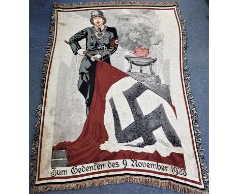 Woven wool Nazi Party ‘1923 Beer Hall Putsch’ banner rug. Quality woven woollen construction, with central uniformed soldier 