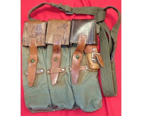 WW2 German MP44 ‘Sturmgewehr’ ammunition pouches. Single set of pouches, of olive canvas, with leather covers &amp;amp; strap