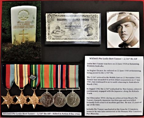 WW2 Australian Army medal group of 6 to Pte Tanner 2/16th Battalion A.I.F., who was ‘Killed in Action’ at Gona in 1942. 1939-