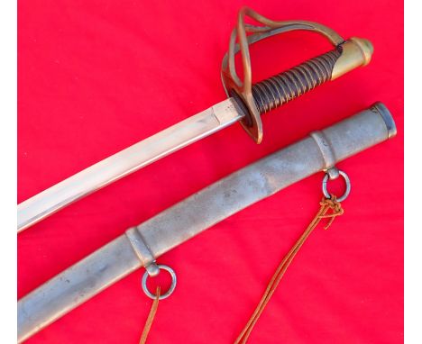 1862 pattern U.S. Civil War era cavalry officer’s sword and scabbard stamped Ames Mfg. Co. Cavalry Officers Sword blade. Bras