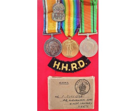 WW1 &amp; WW2 British Army &amp;amp; A.R.P. medal group of 3 to Gunner Surridge, R.A. &amp;amp; H.H.R.D. British War &amp;amp