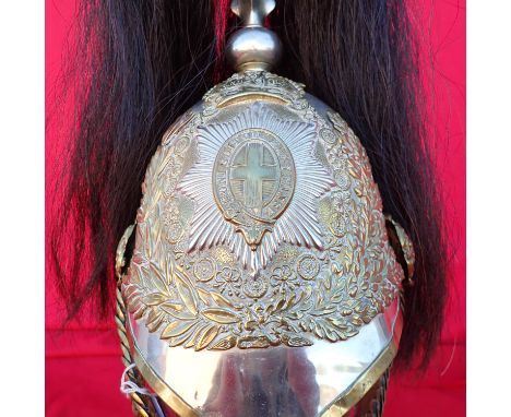 1902 – 1910 era 1871 pattern British Army Household Cavalry Farrier’s parade helmet. Nickel skull has an embossed laurel wrea