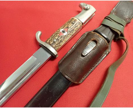 WW2 German Hitler Youth Leader’s ‘Wacth’ KS98 parade bayonet, scabbard and knot. Features good condition stag grip bayonet, n