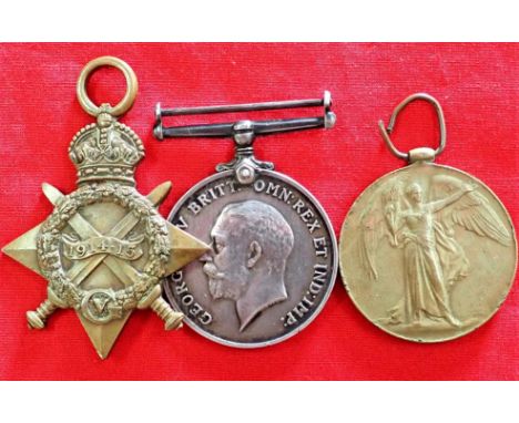 WW1 British Army 1915 medal trio to Private Rawlings, 2nd Battalion Rifle Brigade, who was wounded in 1917. 1914-15 Star, imp