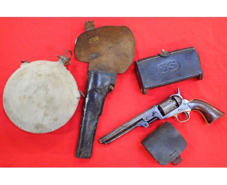 1860s US Navy Colt percussion revolver M1851 with Civil War pouches & water bottle. Revolver features nice original patina, b