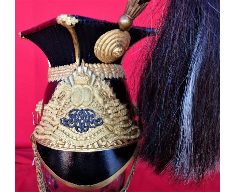 C.1911 1856 pattern British Army 9th Queen’s Royal Lancer’s officer’s Czakpa cap. Black leather helmet, showing light crazing