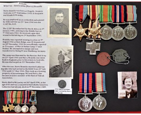 Family group: WW2 Australian Army medal group to Private Bransby 2/28th Battalion AIF, who was wounded in action in 1941 &amp