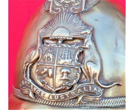 C.1900 era Western Australian Fire Brigade brass helmet. Brass body, with emu and kangaroo, with coat of arms centre badge, s