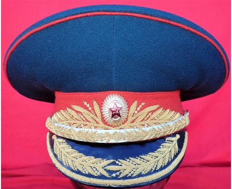 Soviet Union Army Infantry General’s parade uniform peaked cap. Embroidered black leather peak, gilt-embroidered bullion chin