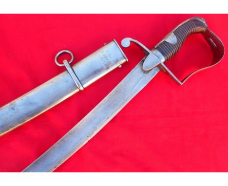 1811 pattern British Army etched ‘blucher’ sword and scabbard. Wide bow guard with leather wrapped wooden grips in solid cond