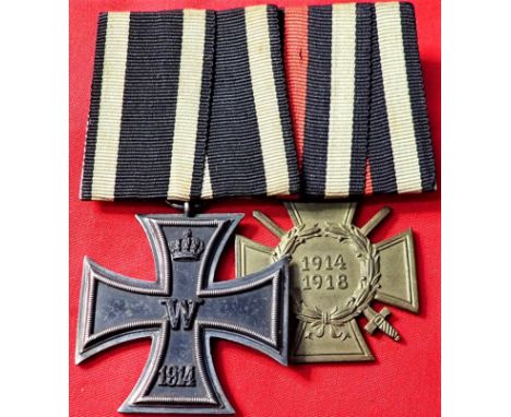 WW1 Imperial German medal bar of 2 awards. Includes 1914 Iron Cross 2nd Class &amp;amp; War Honour Cross with Swords. Mounted