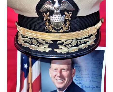 US Navy Admiral’s uniform peaked cap and signed photo of Rear Admiral Eugene B Fluckey, the top scoring submarine commander o