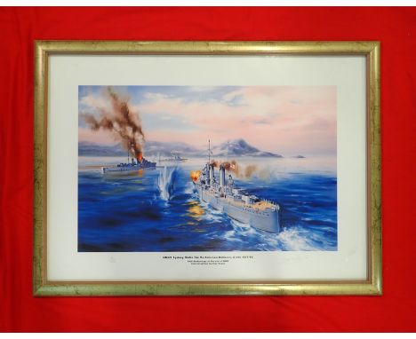 Framed limited-edition print ‘H.M.A.S. Sydney in Battle off Crete’. Print features the Sydney engaged with the Bartolomeo Col