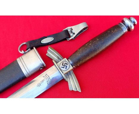 Nazi Germany D.L.V. 1st pattern dagger and scabbard by Gebr Heller Marienthal. Features nickel urn shaped pommel &amp;amp; wi