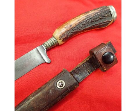 1950’s German Bavarian hunting lederhosen dagger and scabbard. Stag horn grip with silver plate mounts with hammering damage 