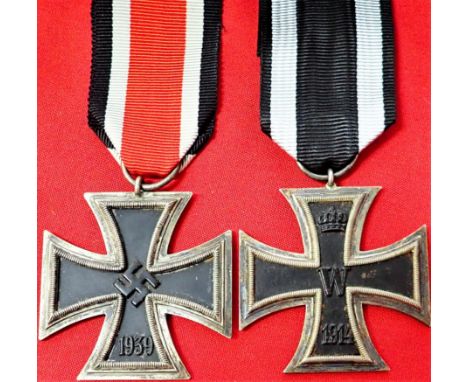 WW1 &amp;amp; WW2 German Iron Cross 2nd Class medals (2). 43mm wide 1914 cross &amp;amp; 44mm 1939 cross, both with central m