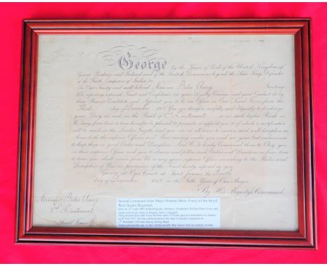 WW1 British officer’s framed commission papers. Features signed citation for Officer to 2nd Lieutenant who survived the war f