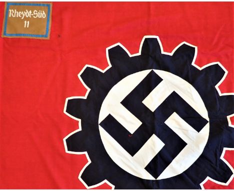 Nazi German Deutsche Arbeits Front (D.A.F.) flag. Large cotton flag, with large ‘cog wheel’ with swastika to both sides, with