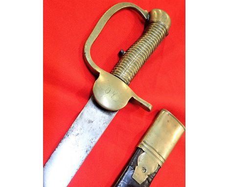 Mid-19th C. British 2nd pattern Baker bayonet with partial scabbard. Brass hilt with working spring steel button lock, etched