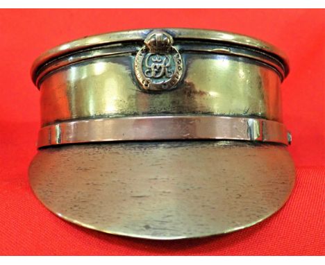 WW1 trench art 1917 British brass officer hat cap 18 pounder shell. 11/7/17 dated artillery shell transformed into an officer